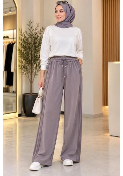 Glare Yanı Nevrürlü Geniş Paça Pantolon Vizon - 930772182 Vizon