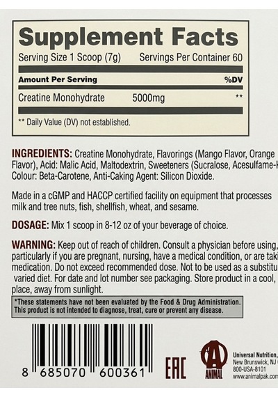 Animal 100% Pure Creatine Monohydrate Mango Portakal Aromalı