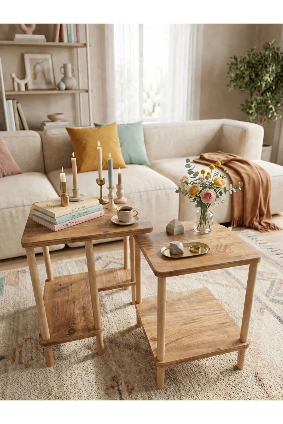 Modern Minimal Tasarım Yan Sehpa Dekoratif Ahşap Zigon Sehpa 2li Set 40 50cm Atlantik Çam