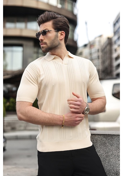 Madmext Taş Rengi Polo Yaka Triko Erkek Tişört E7469 Taş Rengi