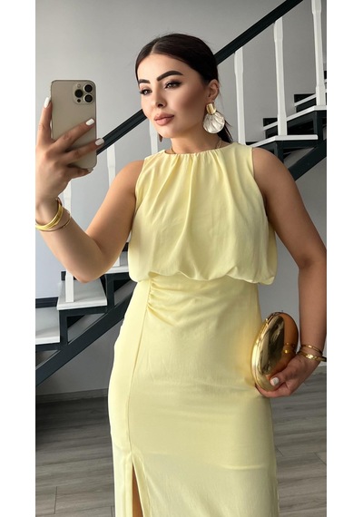 Butter Yellow Önden Yırtmaçlı Büzgülü Elbise Sarı