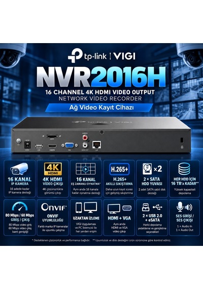 Tp-link Vıgı 16k-nvr2016h 16 Kanal 4k Hdmı, Ip Kamera Nvr Ağ Video Kayıt Cihazı