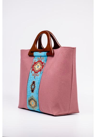 Fabric Craft Bag El Çantası Pembe Duck Kumaş Ahşap Saplı Lila - Pembe