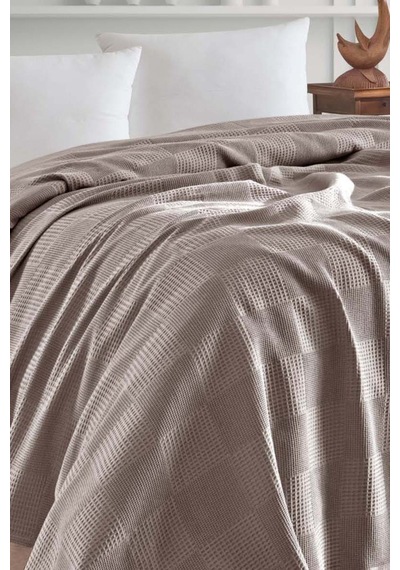 Tek Kişilik %100 Pamuk Pike Örtü 160x230 Cm Karo Desenli Camel Weave Serisi Camel