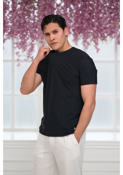 Paul Martin Slimfit Lyocell Kumaş Likralı Küçük Armürlü Bisiklet Yaka T-shirt Siyah