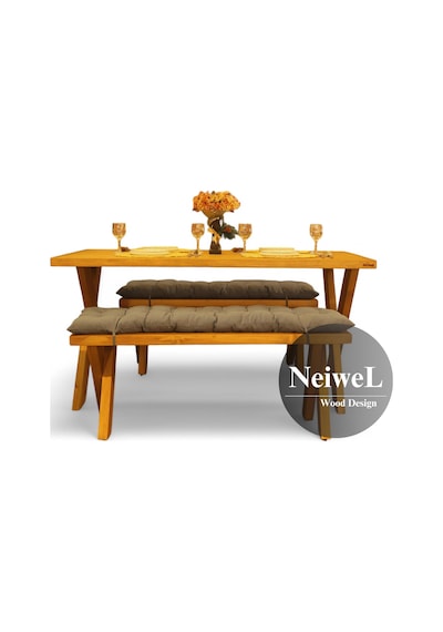 Neiwel Garden Aksa Doğal Ahşap Banklı Bahçe Masa Takımı-120-240 Takım Açık Ceviz