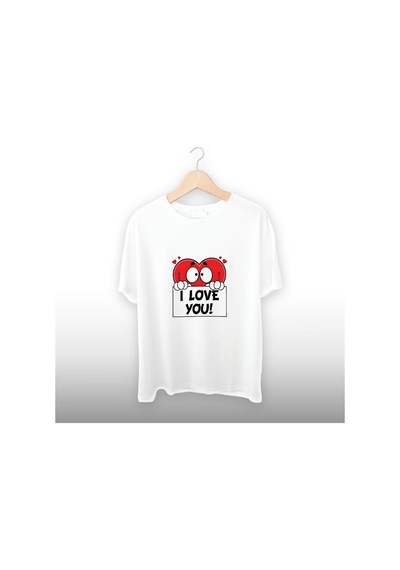 Kalp I Love You Detaylı Unisex Tişört Beyaz