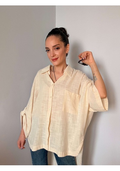 Ali Butik Krem Fakir Kol Oversize Keten Gömlek Krem