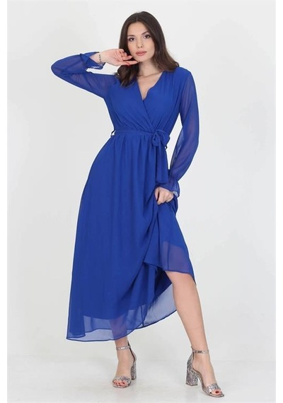 Dip Moda Kadın Kuşaklı Astarlı Uzun Şifon Elbise Dpnb003 Saks Dip Moda Kadın Kuşaklı Astarlı Uzun Şifon Elbise Dpnb003 Saks