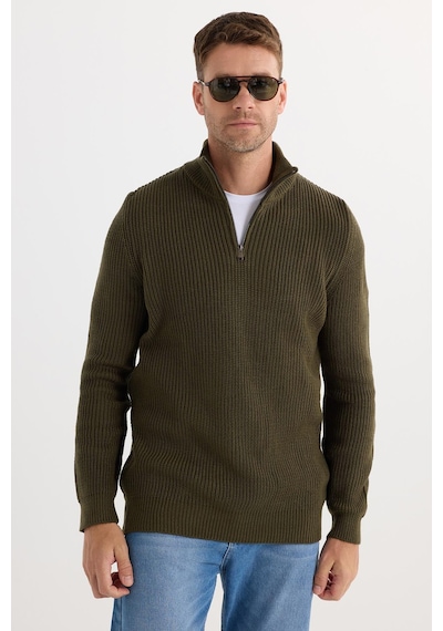 Tudors Erkek Slim Fit Dar Kesim Fermuarlı Haki Dik Yaka Triko Kazak-34923 Haki
