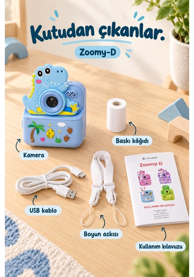 Kj/zm-002 Zoomy-d Dinozor Figürlü Anında Baskılı Çocuk Fotoğraf Makinesi, Çift Kamera, 2,4 İnç Ekran, 1080p Video, 3+ Yaş Mavi