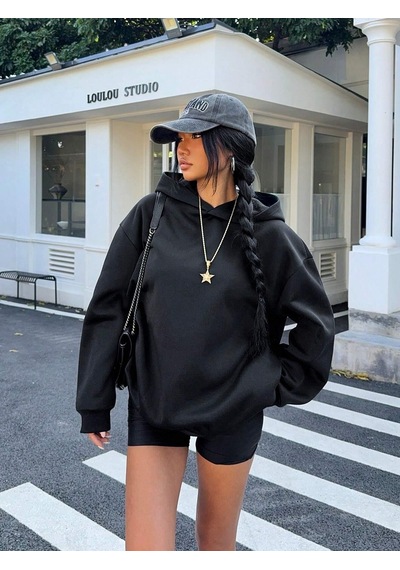 Afri Kadın Siyah Oversize Kapüşonlu Sweatshirt Taş Detaylı F Ck Off Yazılı Rahat Günlük Kapüşonlu Üst Siyah