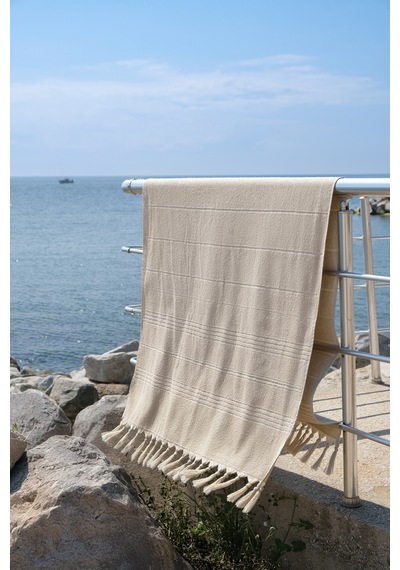 Coastline Bej Çift Tarafı Bukle 100x180 Cm Boyasız %100 Organik Pamuk Saçaklı Plaj Havlusu Bej