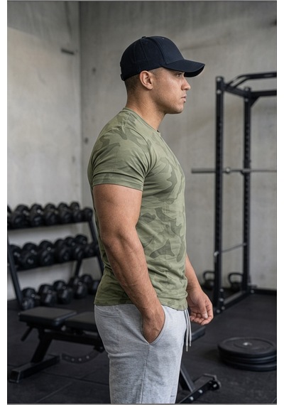 Serablanka Erkek Nem Emici Hızlı Kuruma Atletik Teknik Kamuflaj Desenli Spor T-shirt Haki