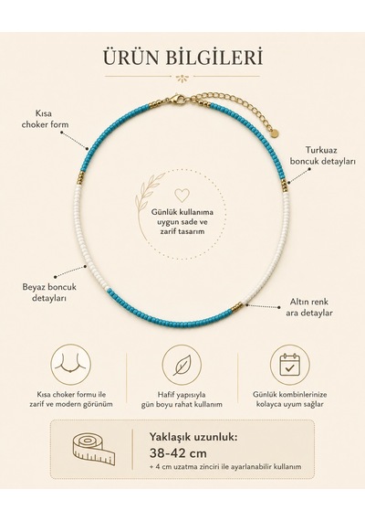 Aqua Zarafet Turkuaz Beyaz Boncuklu Altın Detaylı Kadın Choker Kolye, Minimal Günlük Kolye Renkli