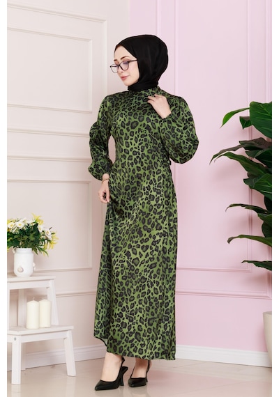 Yanı Bağcıklı Leopar Desenli Tesettür Abiye-yeşil-4683