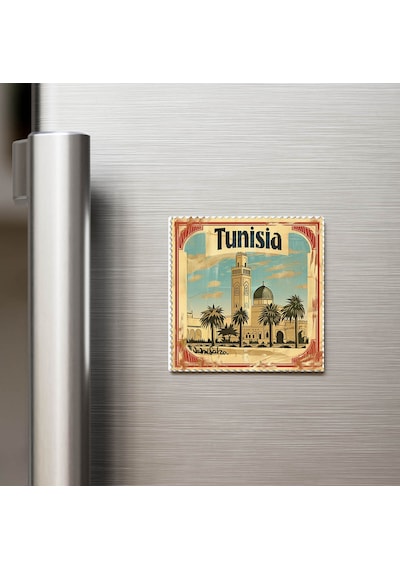 Tunus Tunisia - Posta Pulu Temalı Ülke - Baskılı Buzdolap Magneti Kare - 9x9 Cm