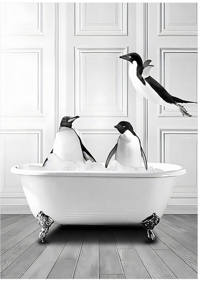 Penguenlerin Küvet Keyfi Tasarım Ahşap Tablo 35cm X50cm