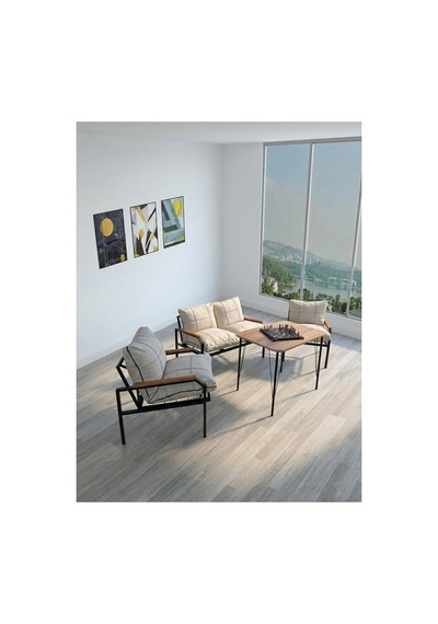 Milda Metal Bahçe Balkon Mobilyası Koltuk Takımı Çay Seti Güneşe Dayanıklı Kumaş 2+1+1 - Krem Vizon