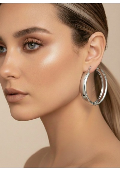 Halka Model Silver Renk Çelik Küpe 5cm Gümüş