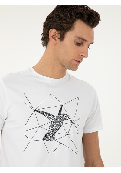 Beyaz Slim Fit Bisiklet Yaka Desenli T-shirt