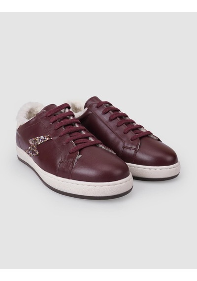%100 Hakiki Deri Bordo Bağcıklı Kürklü Kadın Sneaker Bordo