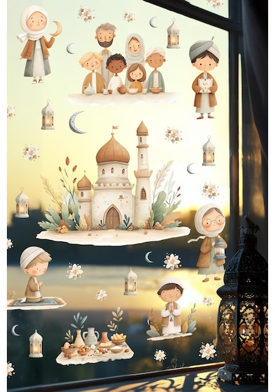 Ramazan Temalı Çift Taraflı Cam Sticker Seti Çocuklar İçin Sevimli İslami Figürler & Cami Tasarımları Dijital Baskı