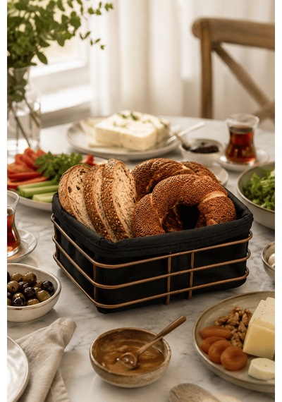 Rose Metal Ve Siyah Kumaş Kare Ekmek Sunum Sepeti, Kahvaltı Sunumu,kafe, Restoran Ve Otel Tipi 20x20 Cm