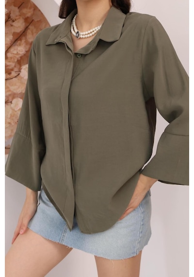 Kadın Slim Fit Dar Kesim Vücuda Oturan Uzun Kollu Haki Gömlek