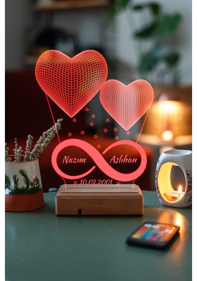 Sevgiliye Hediye Özel 3D 2 Kalp Led Gece Lambası