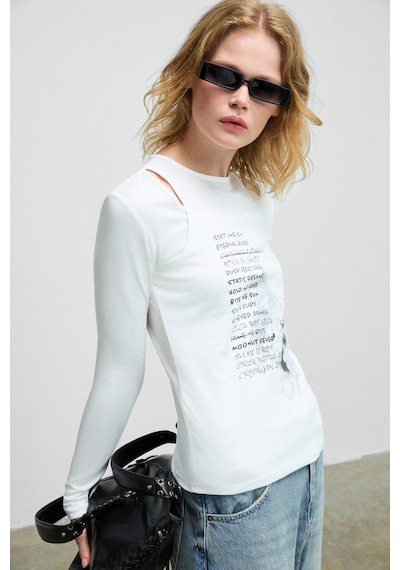 Grımelange Zarabı Kadın Yumuşak Kumaşlı Halter Yakalı Uzun Kollu Beyaz T-shirt Beyaz
