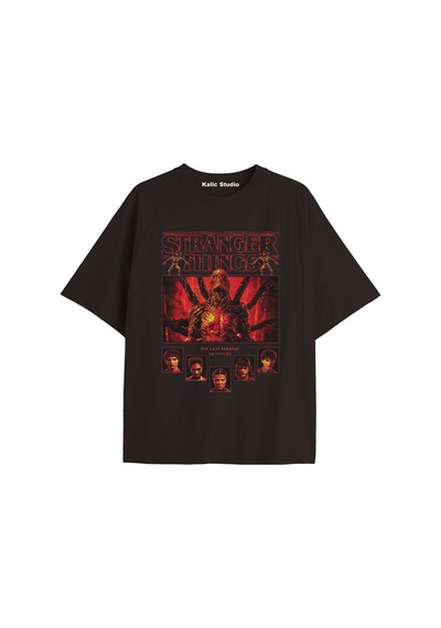 Gries Stranger Things Oversize Ünisex T-shirt Siyah Ekru