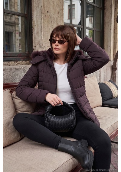 Lela Kapitoneli Slim Fit Çıkarılabilir Kapüşonlu Mont Kadın Mont 497mara Mürdüm