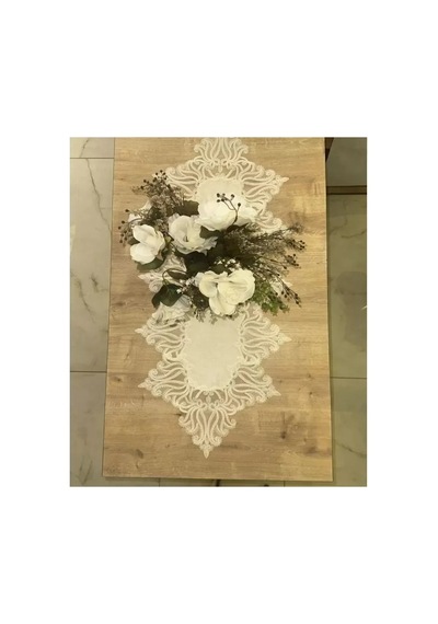 Cekihome Salon Takımı 5 Parça Keten Masa Örtüsü Runner Seti Çeyizlik Gülseda Model No 896 Krem-krem