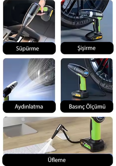 4 Fonksiyonlu Şarjlı Araç Süpürgesi Şişirme Pompası + Basınç Ölçer + Led Işık