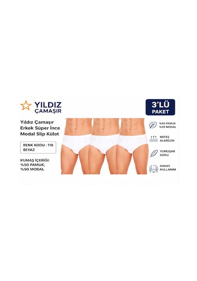 Yıldız Çamaşır Erkek Süper İnce Yazlık Modal Slip Külot 118-119 - 3 Adet Beyaz