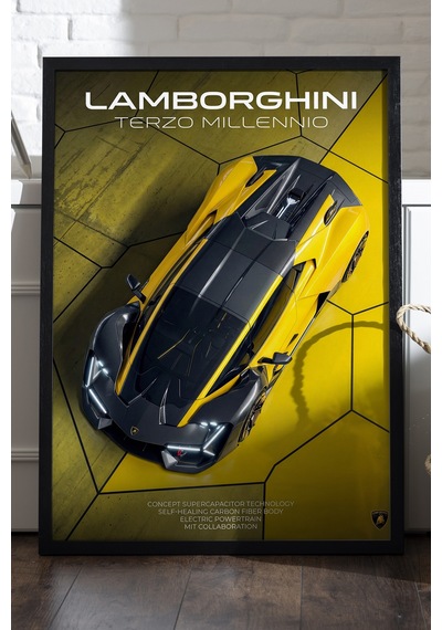 Lamborghini Terzo Millennio Siyah Ahşap Çerçeveli Poster, Dekoratif Araba Duvar Tablosu