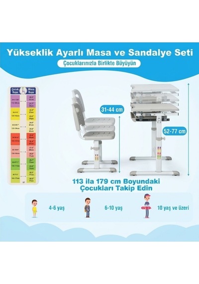 Ayarlanabilir Ergonomik Çocuk Aktivite Masası 3-10 Yaş- Gri