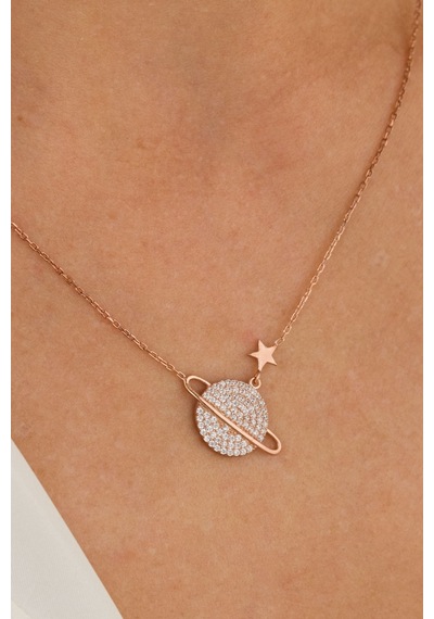 Zirkon Taşlı Rose Satürn Gümüş Kolye