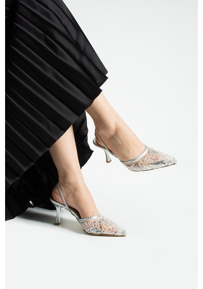 Lebibe Shoes Perıe Gümüş Kadın 7 Cm Topuklu Pullu Payetli Bantlı Abiye Gelin Düğün Ayakkabısı Terliği