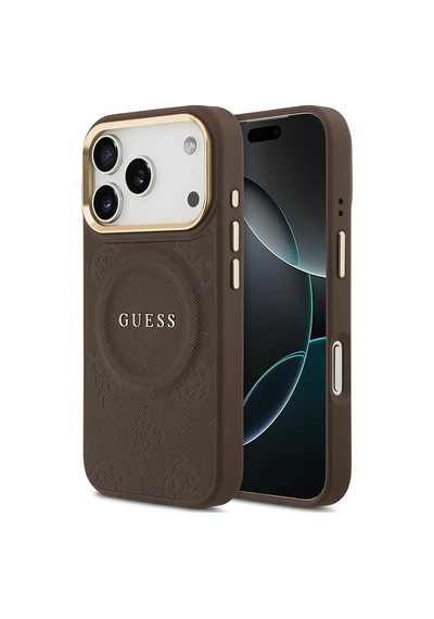 Apple Uyumlu iPhone 17 Pro Kılıf Guess Lisanslı M-safeli Sıcak Baskı Yazı Logolu Pu Deri Peony Kahverengi Kahverengi