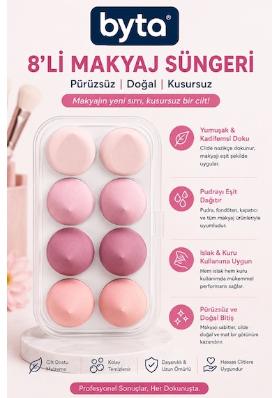 8 Li Makyaj Süngeri Seti Kutulu Fondöten, Pudra Ve Kapatıcı Uygulama Süngerleri