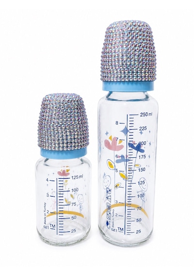 5'li Cam Biberon Seti - Özel Taş Süslemeli Dizayn - 250 Ml Biberon-125ml Biberon - Emzik - Emzik Askısı - Emzik Kutusu - Özel Kutulu - Bebek Hediyelik - Plastik ve Cam Set