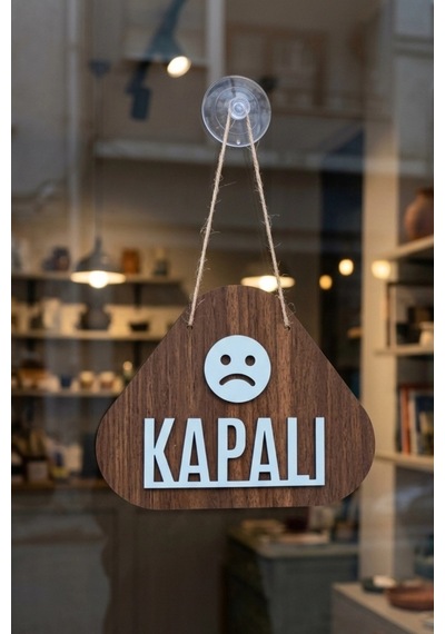 Ahşap Lazer Kesim Emoji Figürlü Açık-kapalı Tabelası - Ceviz