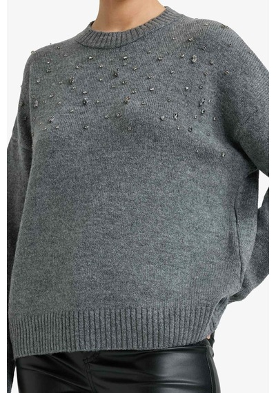 Defacto Oversize Geniş Kalıp Bisiklet Yaka İşlemeli Triko Kazak G3383ax25wngr156 Gri-gr156