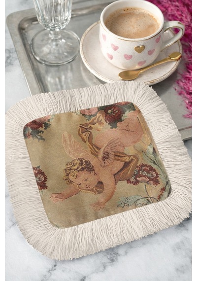 Barok Melek Saçaklı Sunum Peçetesi-vintage Klasik Eklektik Bej Krem Desenli Kahve Sunum Mendili Çok Renkli