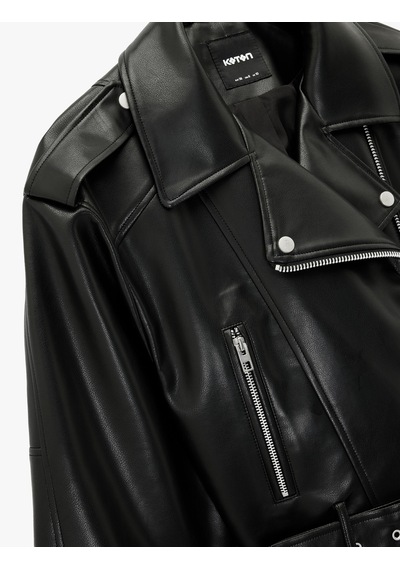 Koton Fermuar Detaylı Uzun Kollu Crop Oversize Suni Deri Biker Ceket Siyah 6sak20016ew