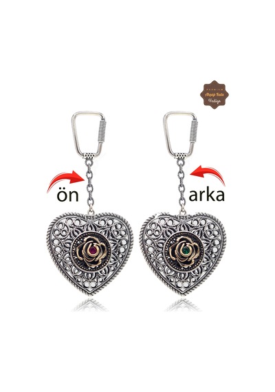 Yakut Ve Zümrüt Taşlı Kalp Model Çift Taraflı Oksitli Gümüş Telkari Anahtarlık 201025186 Gümüş