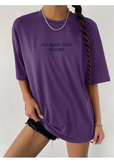 To Rome T-shirt - Mor Baskılı Oversize Bisiklet Yaka Kısa Kol Tişört Mor