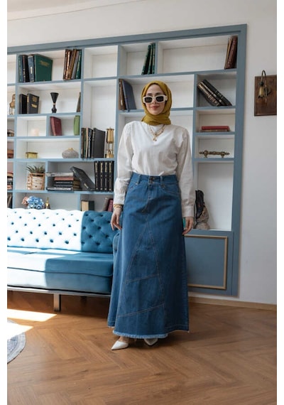 2290-denim Parçalı Etek Koyu Mavi Koyu Mavi